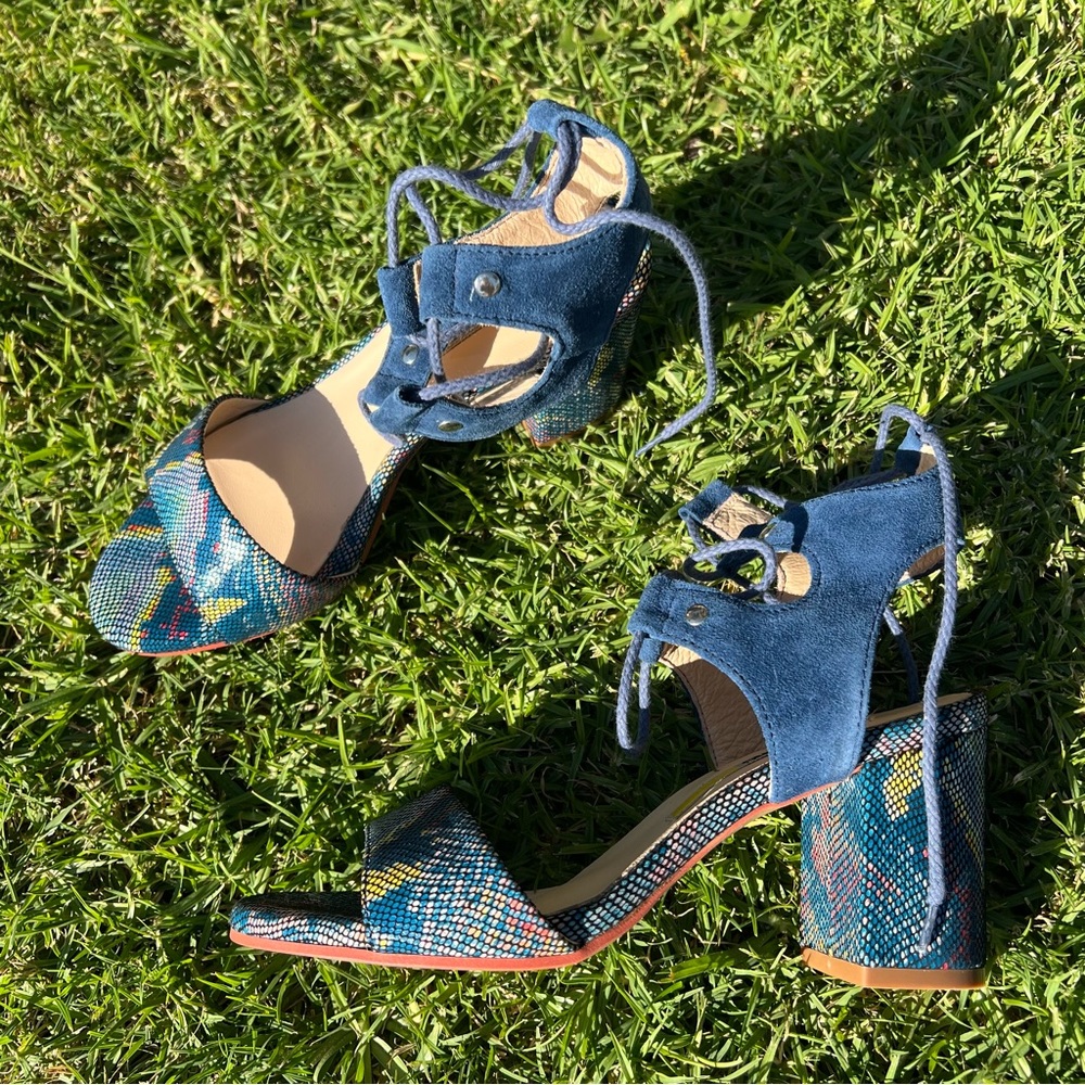 Manas Blue Suede Snakeprint Heels